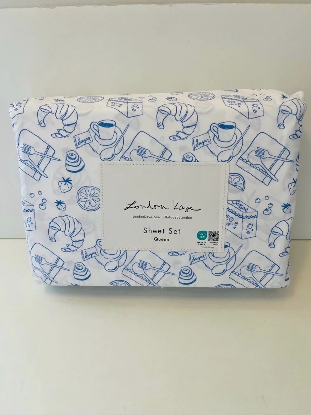 London Kaye Parisian Pastry Queen Size Sheet Set White Blue Coffee Croissant